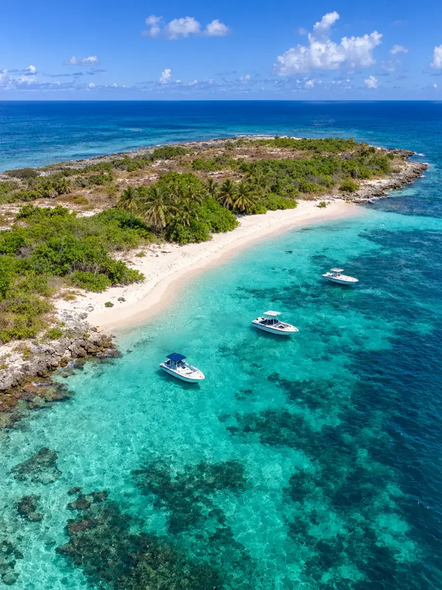 Aerial view of a low white-sand cay with turquoise shallows and boats anchored off the beach